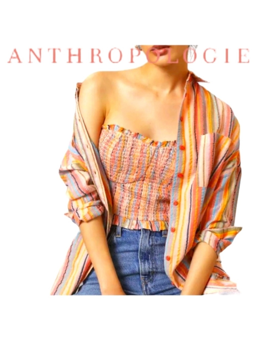 Anthropologie Pilcro Rainbow Metallic Smocked Tube Top Side Zip Ruffled M